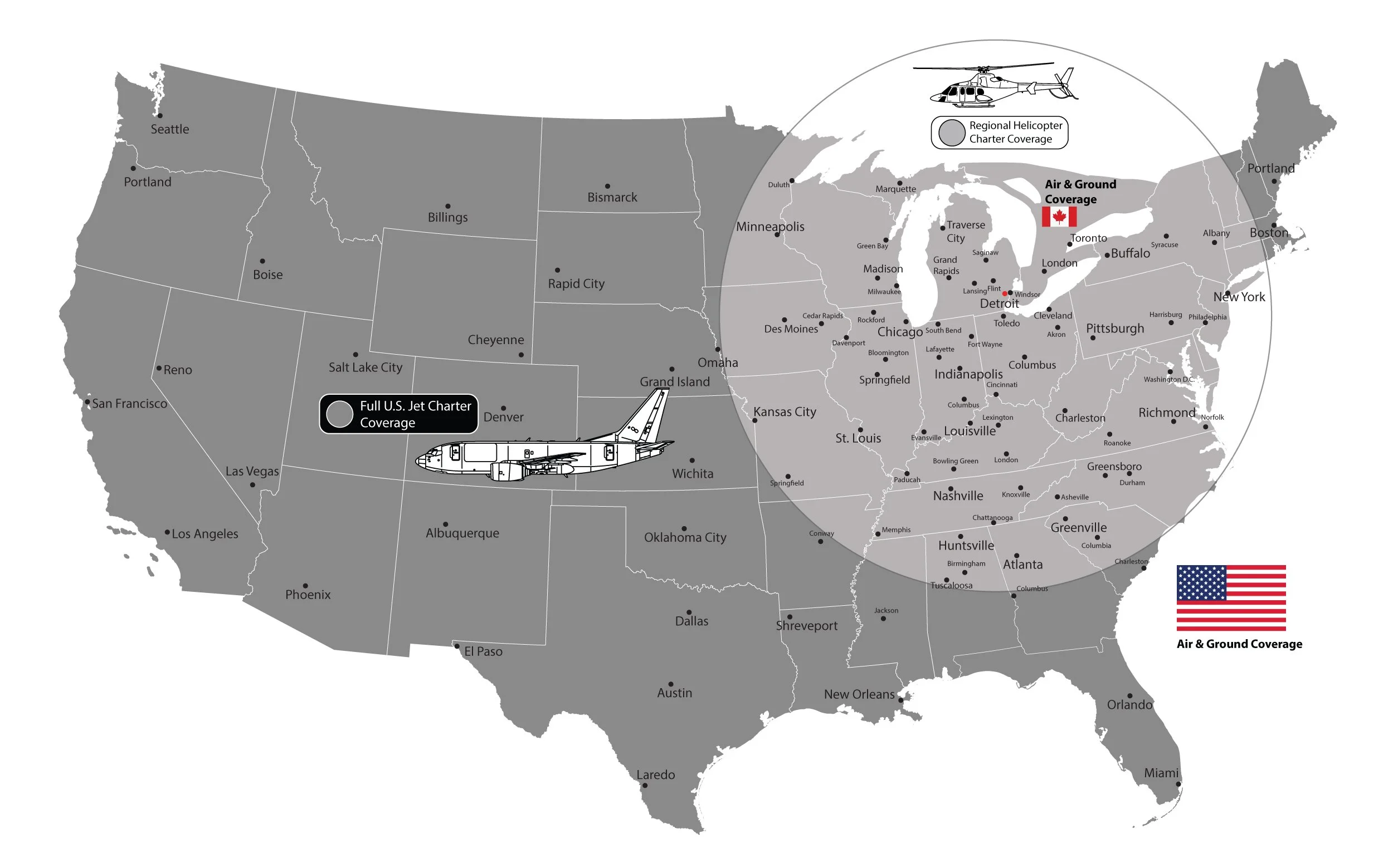 Map of the United States showing regions with helicopter and jet charter coverage. Grey areas indicate full U.S. jet charter coverage, with icons of a jet and a helicopter. Red and black labels specify 'Full U.S. Jet Charter Coverage' and 'Air & Ground Coverage' in regions including the Midwest and Northeast.