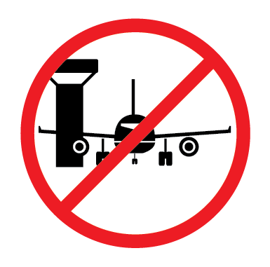 No Airports Required sign with a red circle and line over a black drone illustration.