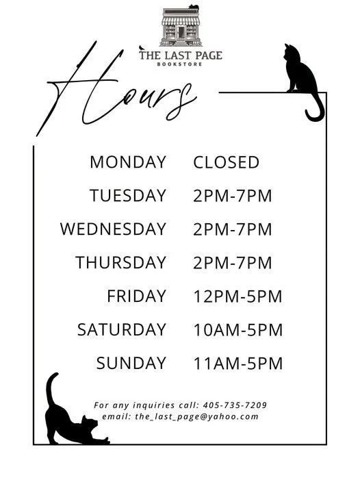 Sign for The Last Page Bookstore listing hours, with a silhouette of a cat on top and a sitting cat at the bottom, showing closed Monday and specific hours Tuesday to Sunday.