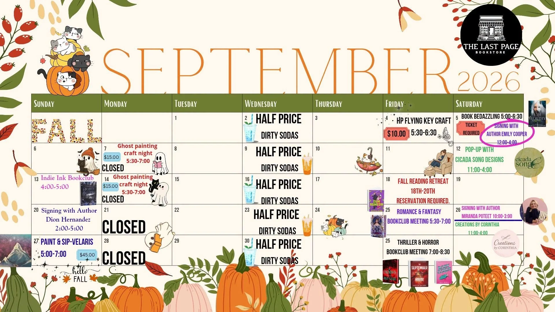 October 2026 bookshop calendar with fall-themed border illustrations including pumpkins, leaves, and branches. Highlights include a sales event, ghost painting craft nights, author signings, book club meetings, and various bookshop activities.