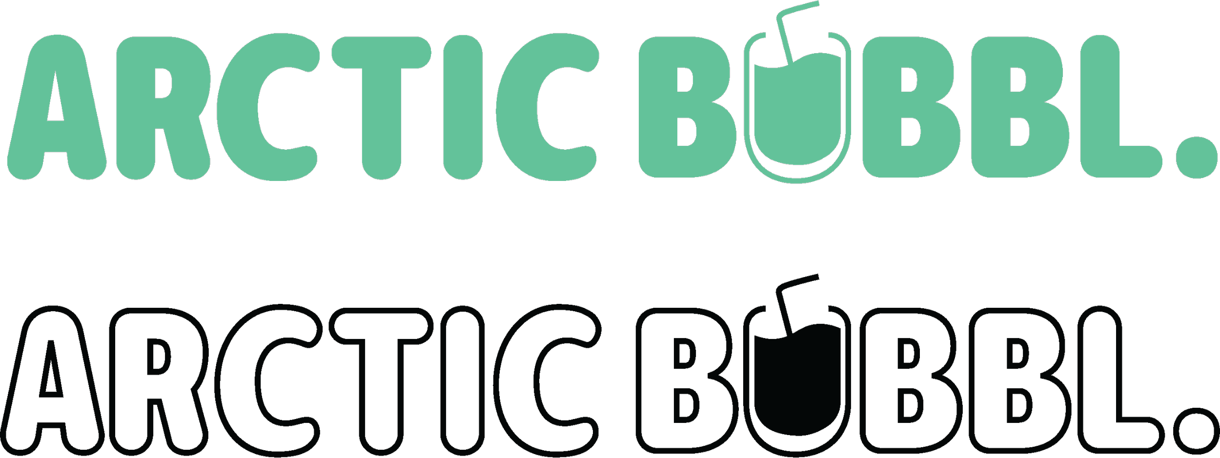a teal and black version of a logo for a hypothetical brand named arctic bubbl. The letters are in a rounded font with the U in bubbl having an image of a drink with a straw