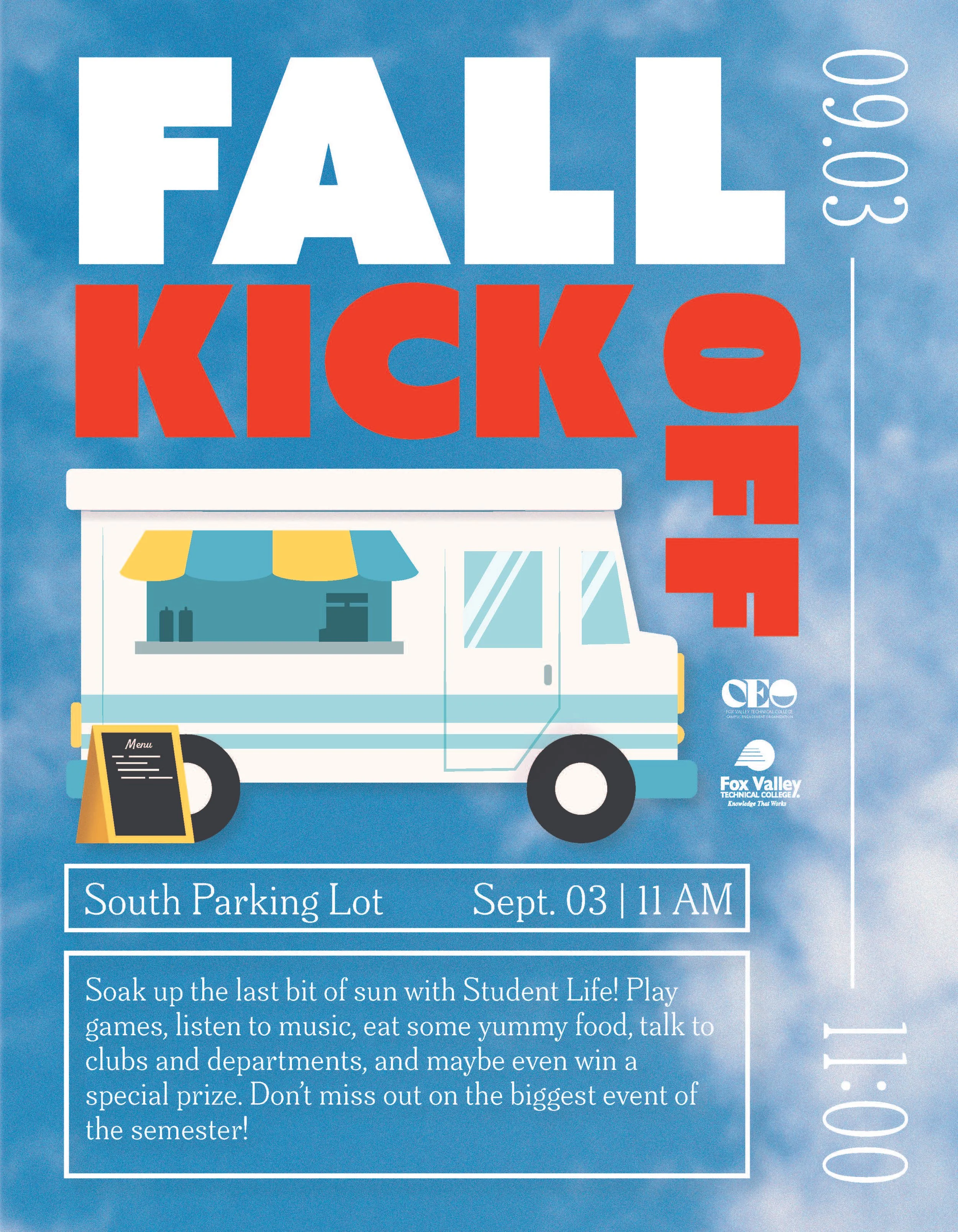 Fall Kick Off poster with an illustration of a food truck. Information about the event is listed