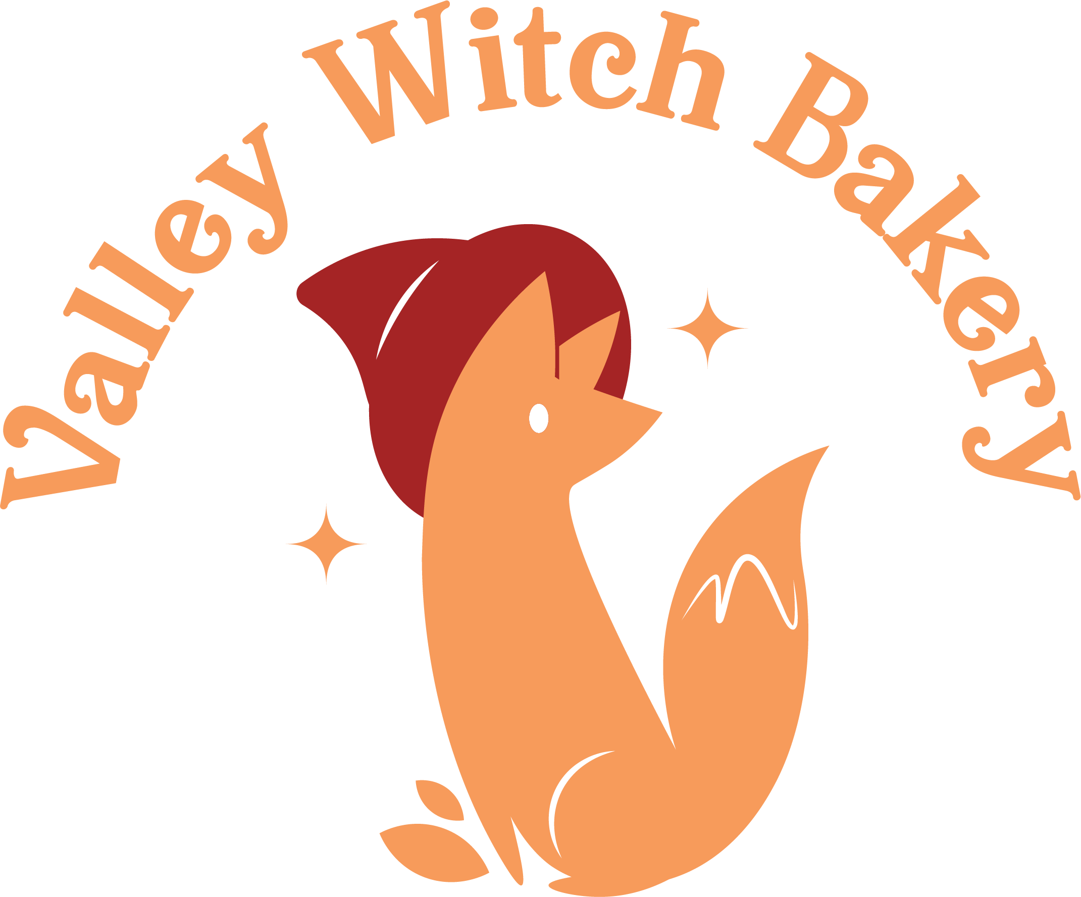 The logo for Valley Witch Bakery. An orange silhouette of a fox looking back with a maroon witch hat, above reads Valley Witch Bakery.