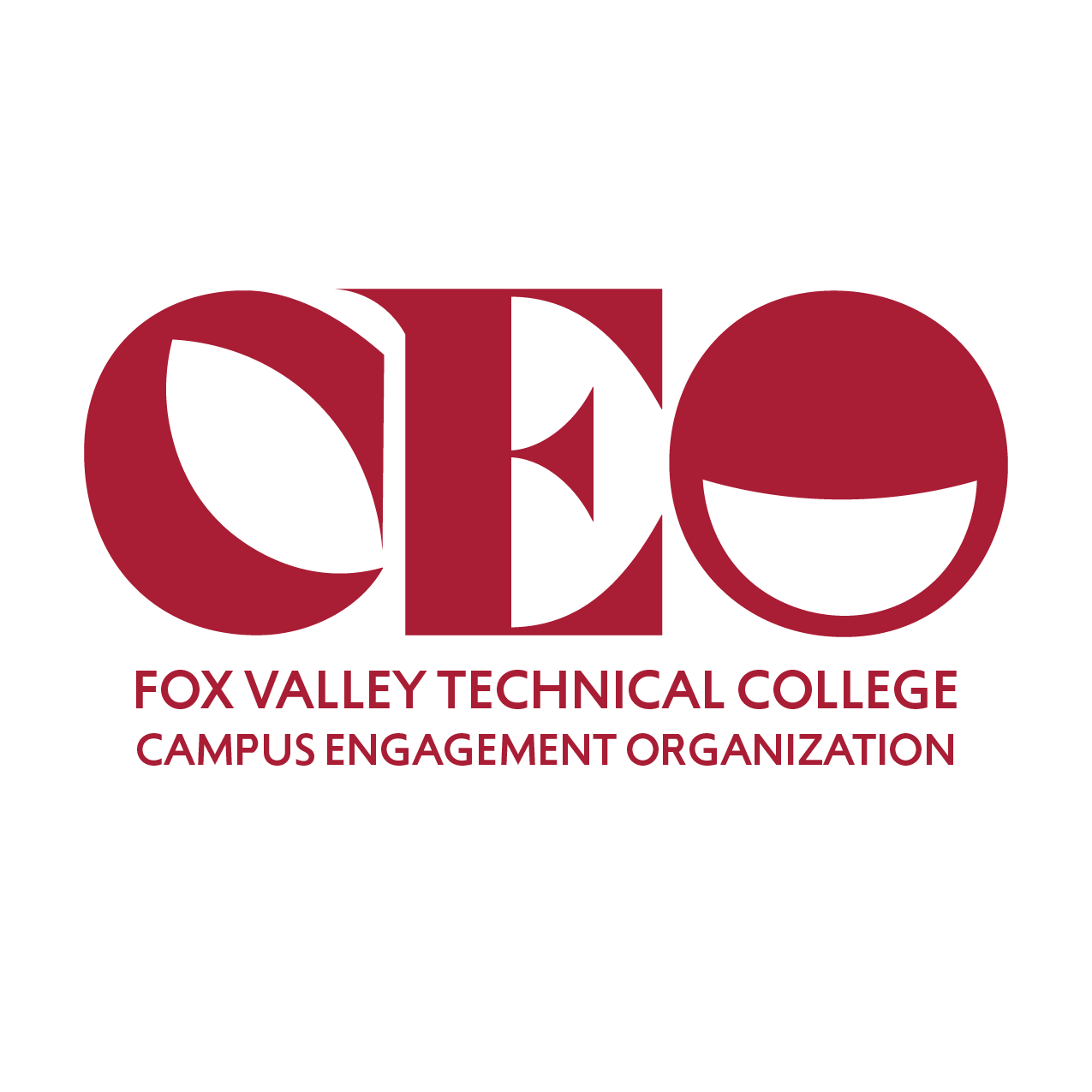 Fox Valley Technical College Campus Engagement Organization logo in deep maroon color, the logo has large bold letters of CEO with a large smile in the O and a fox tail in the C