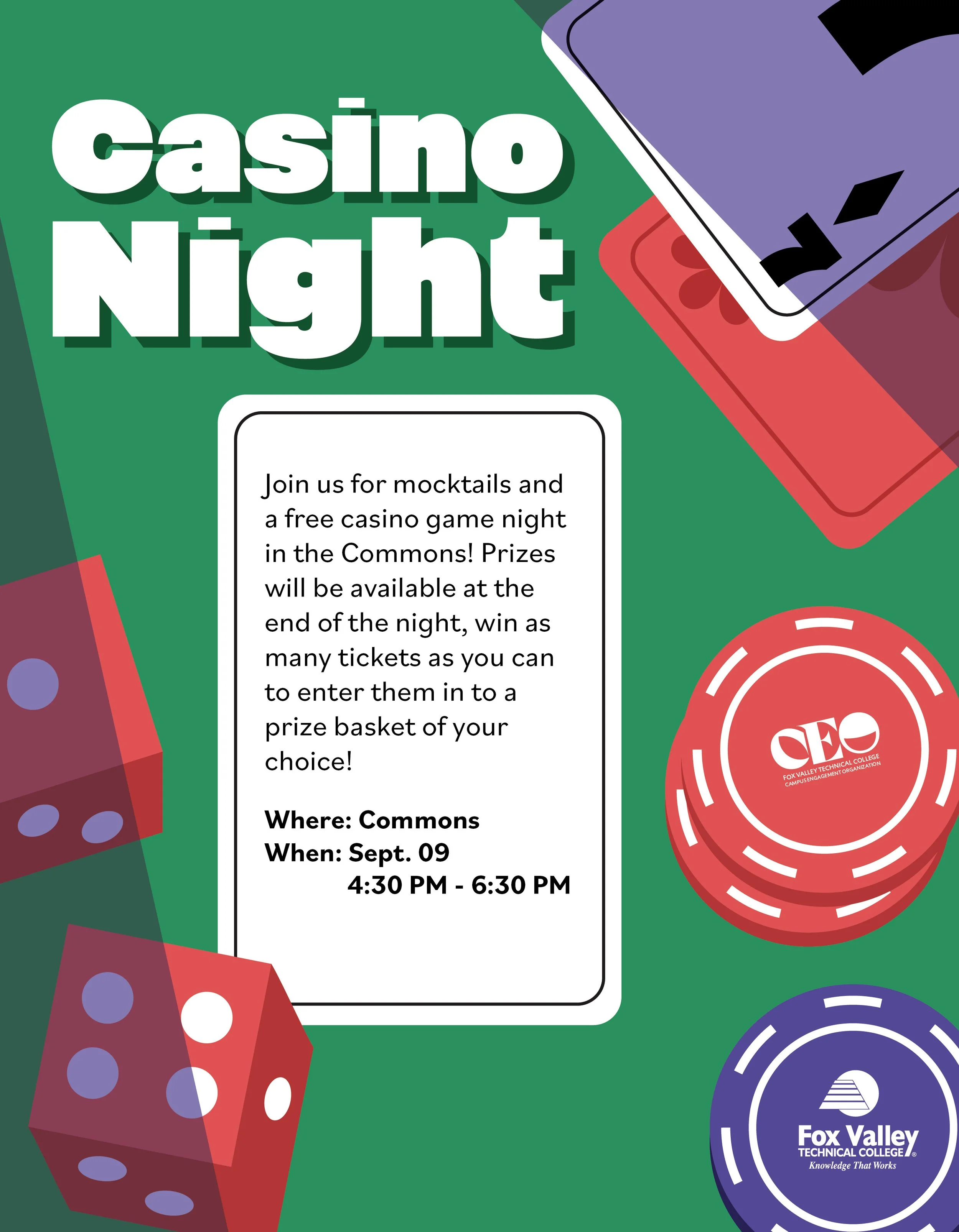 Casino Night poster with information about the event, illustrations of dice, poker chips, and playing cards is on the poster as well.