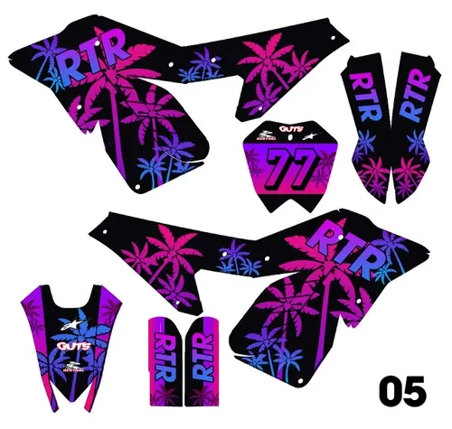 Set of four black motocross or dirt bike plastic fairing panels with purple and blue palm tree and "RTR" graphics, including a front fender, side panels, and a number plate
