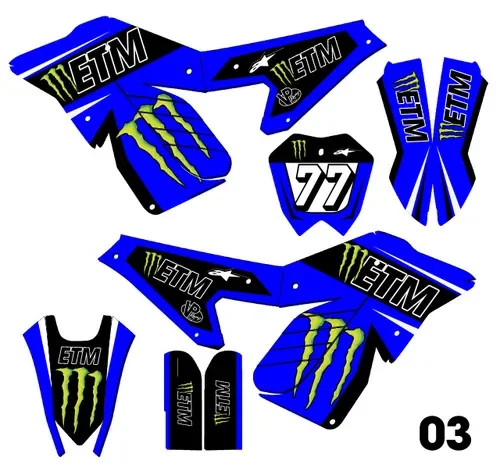 Set of blue and black motocross or dirt bike graphics and decals with Monster Energy and ETM branding.