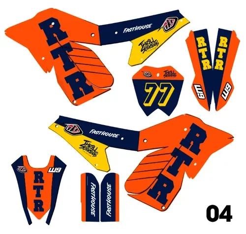Decal set for motocross bike featuring orange, navy blue, yellow, and black colors with 'RT', 'RT R', and 'Fasthouse' branding and the number 77.