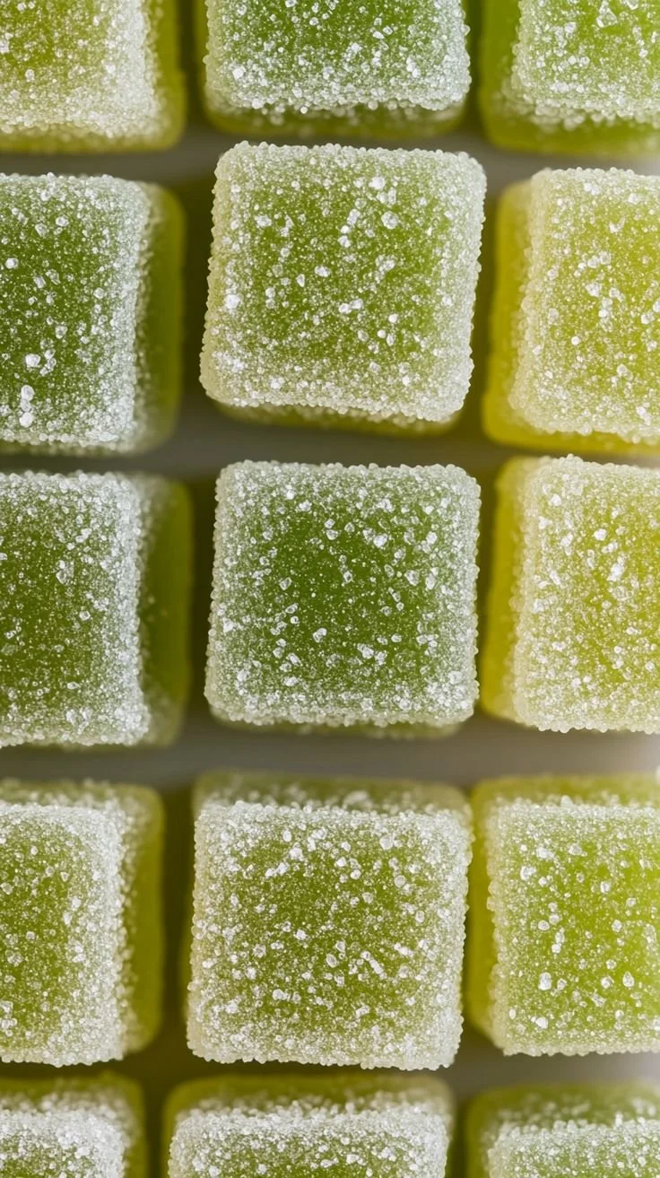 Close-up view of green and yellow sugar-coated gummy candies arranged in rows.
