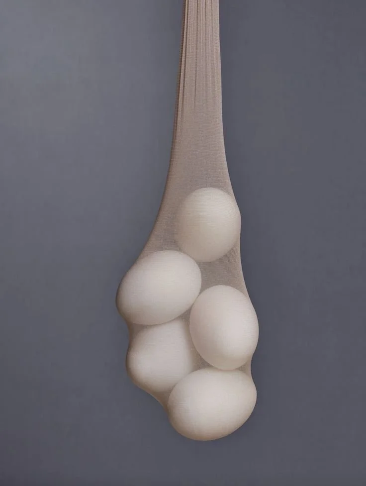 A hanging lamp fixture with a netted fabric shade containing six spherical white bulbs.