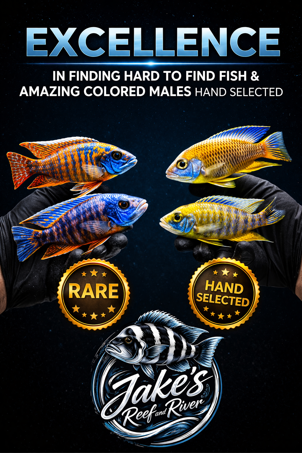 Poster advertising Jake's Reef and River with colorful fish, including a rare orange and blue fish and a hand-selected yellow fish, with labels 'Rare' and 'Hand Selected'.