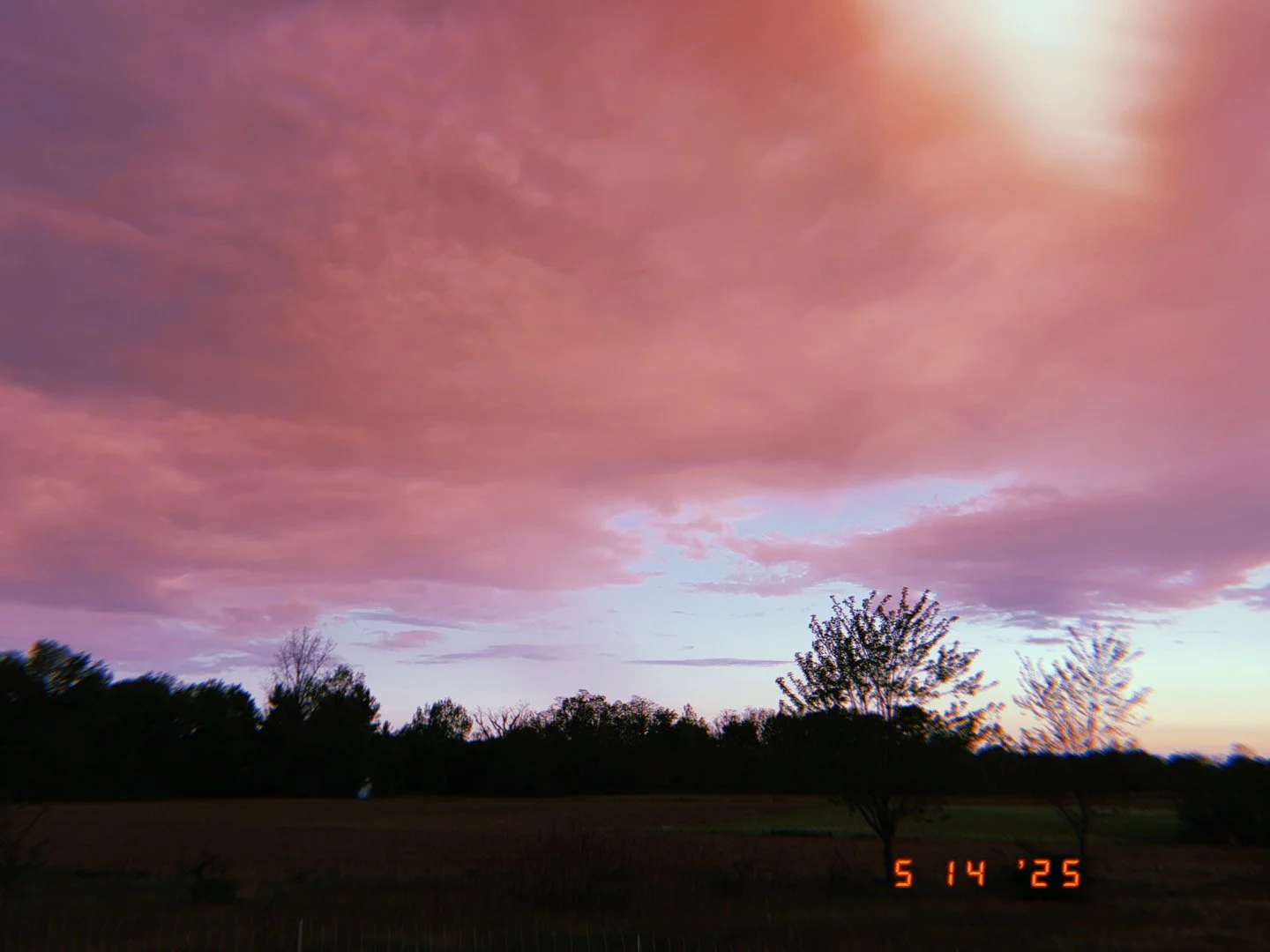 Sunset sky painted with pink and purple clouds over a silhouette of trees and open field, with a timestamp of May 14, 2025.