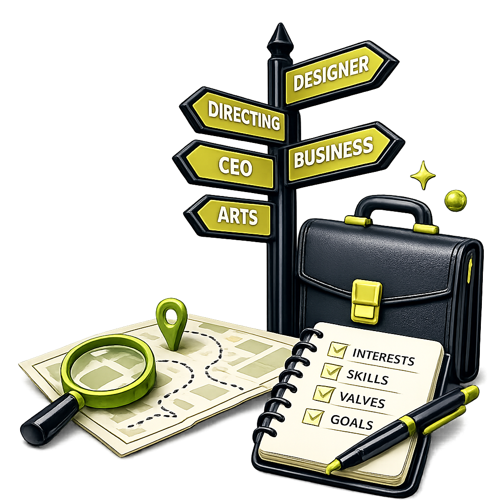 Signpost with directions labeled Designer, Director, CEO, Business, Arts; suitcase, map with pin, checklist with interests, skills, valves, goals, and a pen.