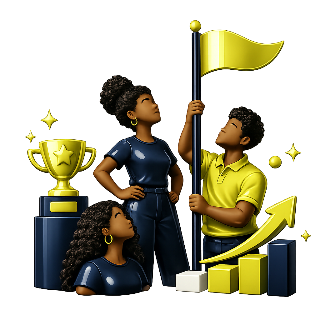 Three animated characters, two girls and a boy, with the boy holding a yellow flag and standing on a bar chart showing growth, surrounded by trophies and sparkling stars, symbolizing achievement and success.