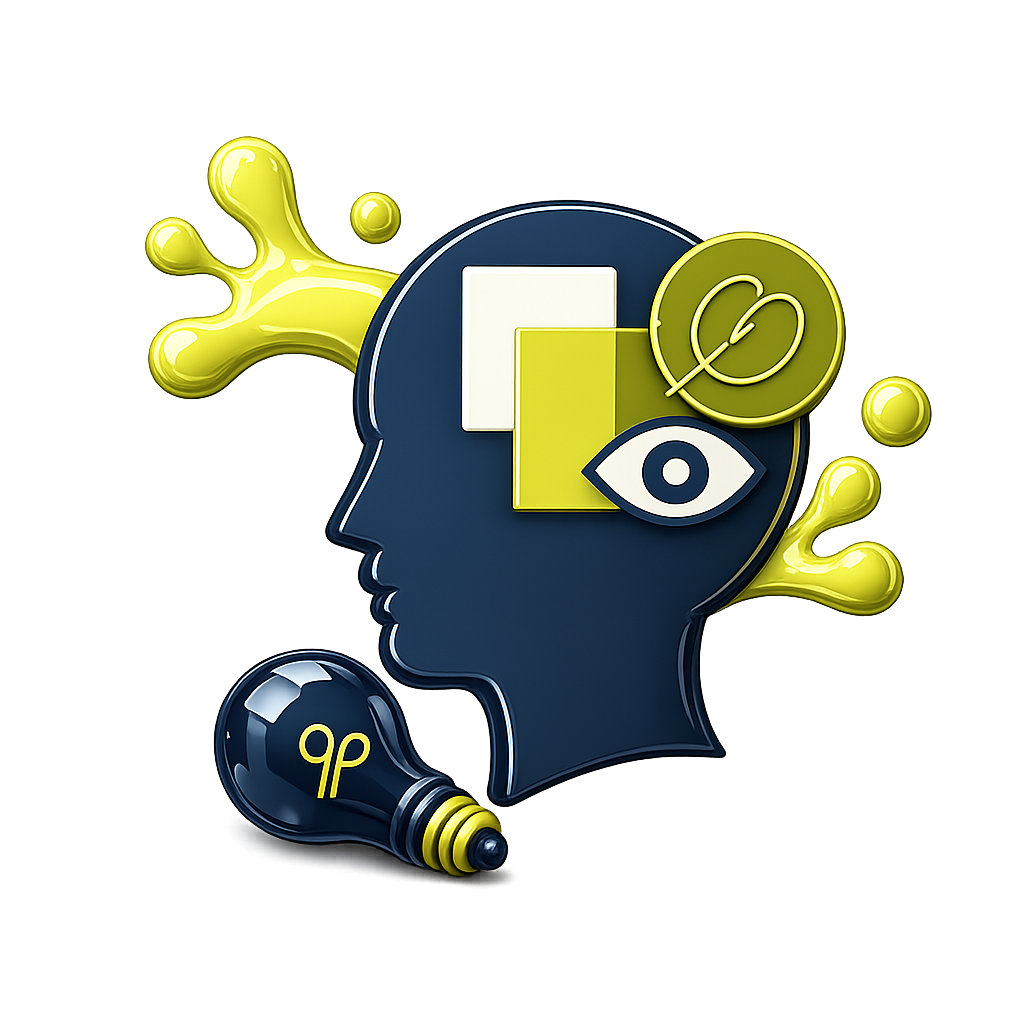 Abstract illustration of a human head with various symbols including an eye, square shapes, a leaf, and splash shapes, along with a light bulb.