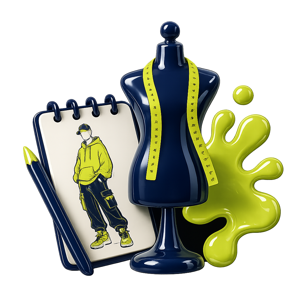 Fashion design workspace with a mannequin, a notebook displaying a fashion sketch of a person in a yellow hoodie and cargo pants, a yellow measuring tape draped over the mannequin, and a yellow splash-shaped decorative element.