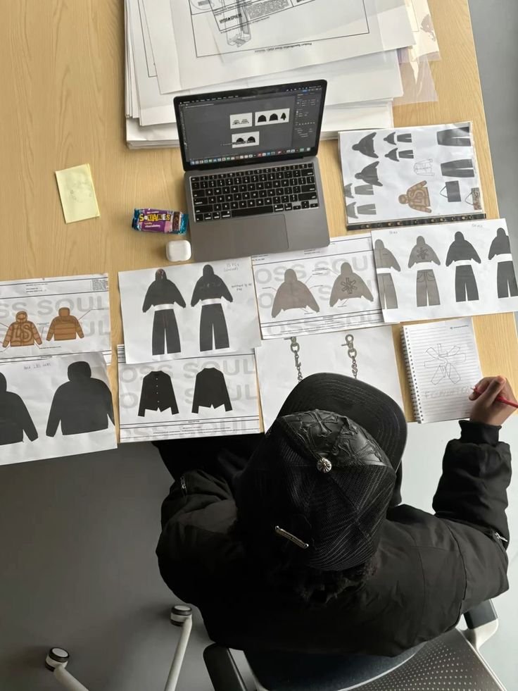 A person sitting at a desk covered with fashion design sketches, a laptop, a notepad, a snack, and various sheets of paper with clothing silhouettes.