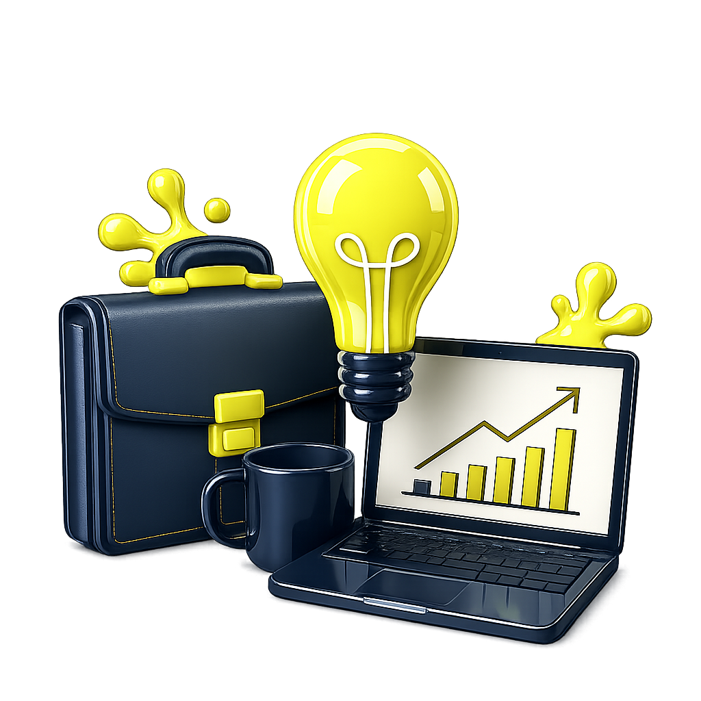 A black briefcase, a black coffee mug, a yellow light bulb, a laptop with a rising bar chart on the screen, and yellow splash shapes on a black background.
