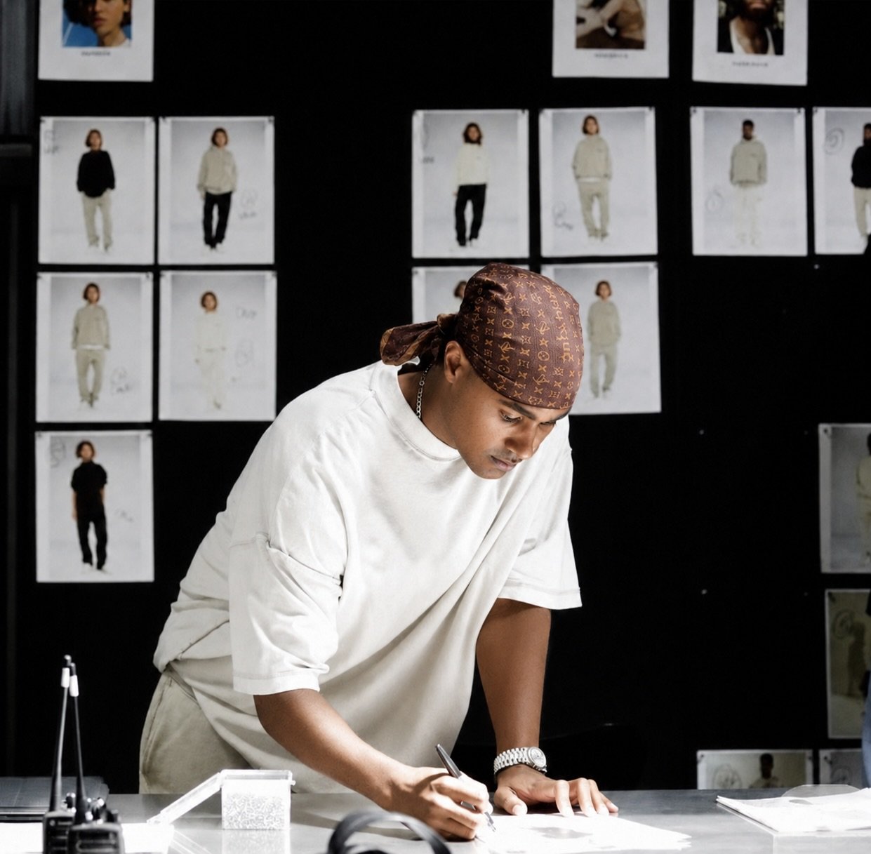 A man wearing a white T-shirt and a Louis Vuitton bandana is writing on a piece of paper at a desk. Behind him, there is a black wall with multiple photographs of models in various outfits.