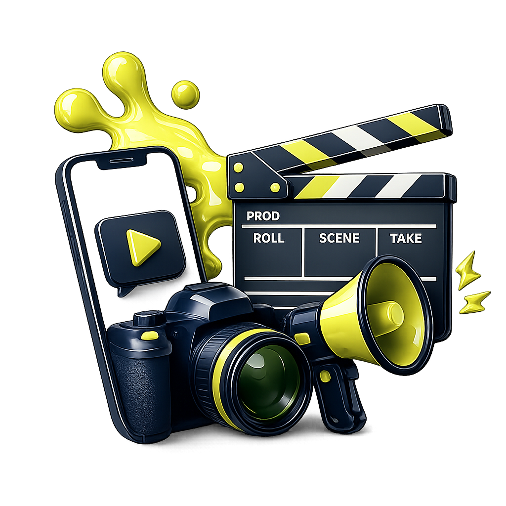 Digital illustration of film production equipment including a film clapperboard, a camera with a yellow flash, a smartphone with a play button, a yellow paint splash, and a yellow megaphone on a black background.