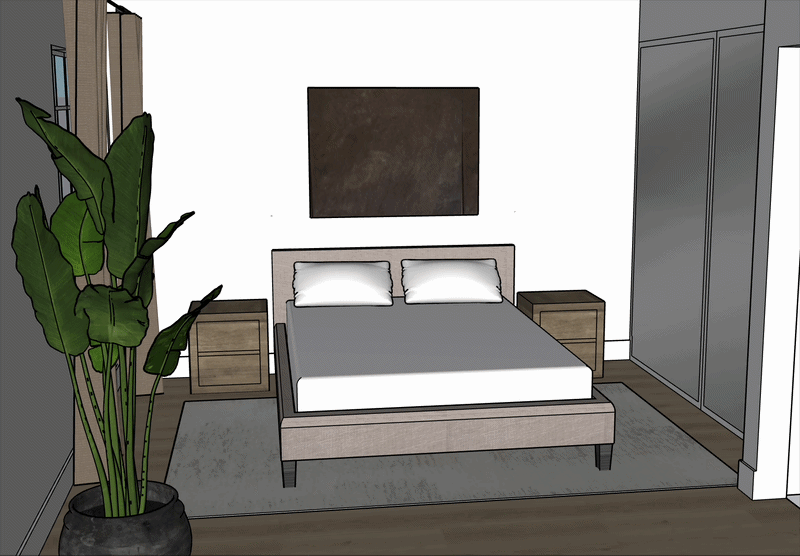 A 3D model of a bedroom with a bed, two nightstands, a large plant, a gray rug, and a built-in wardrobe.