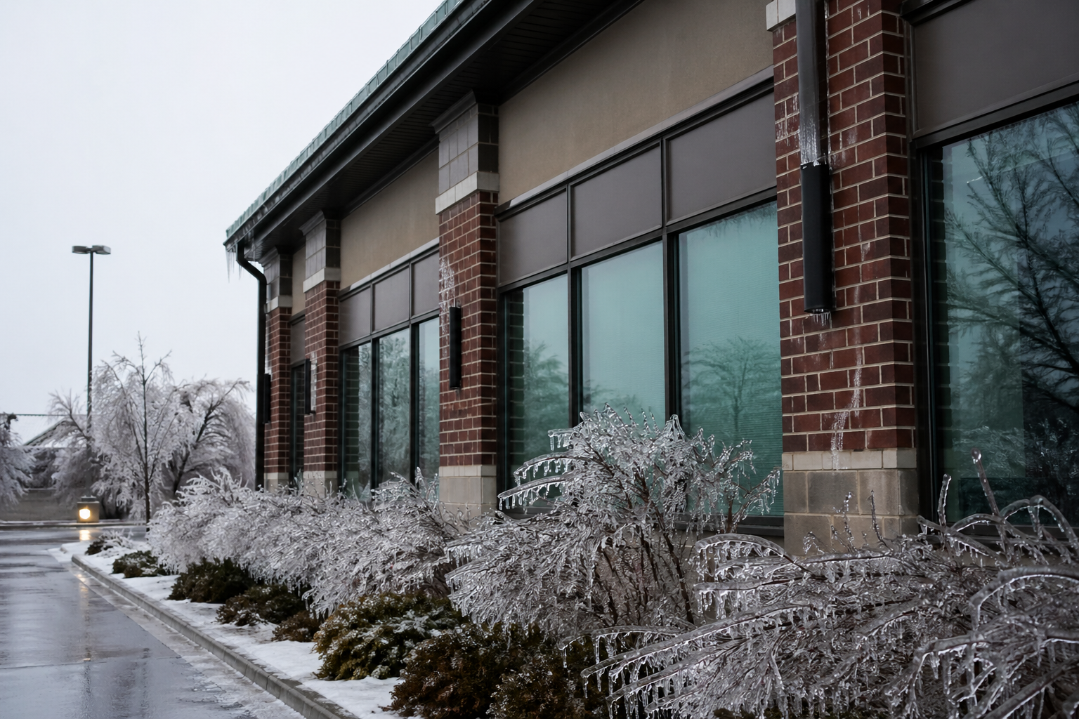 Building with brick and glass windows, iced bushes in front, and snow on the ground and roof in winter.
