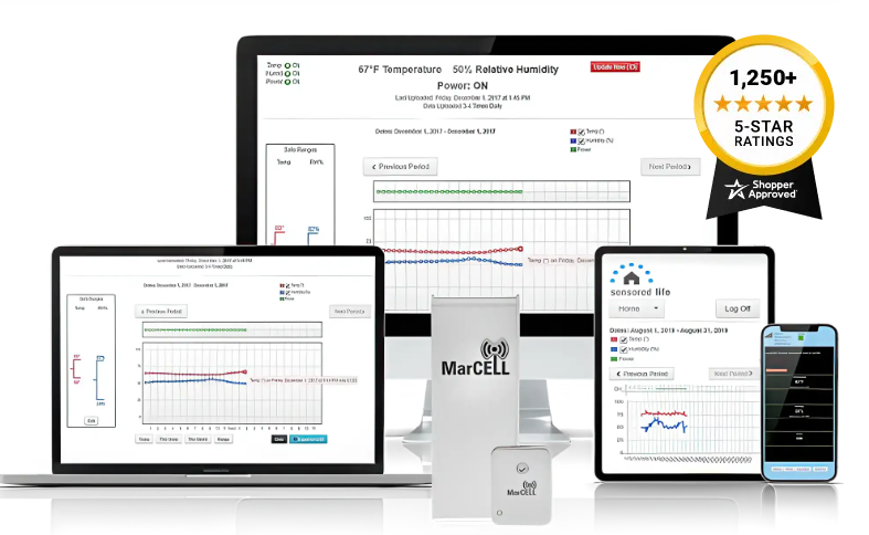 Display screens with graphs and data related to temperature, humidity, and sensor readings, along with a mobile device and a portable sensor device showing data, all associated with MarCELL environmental monitoring technology.