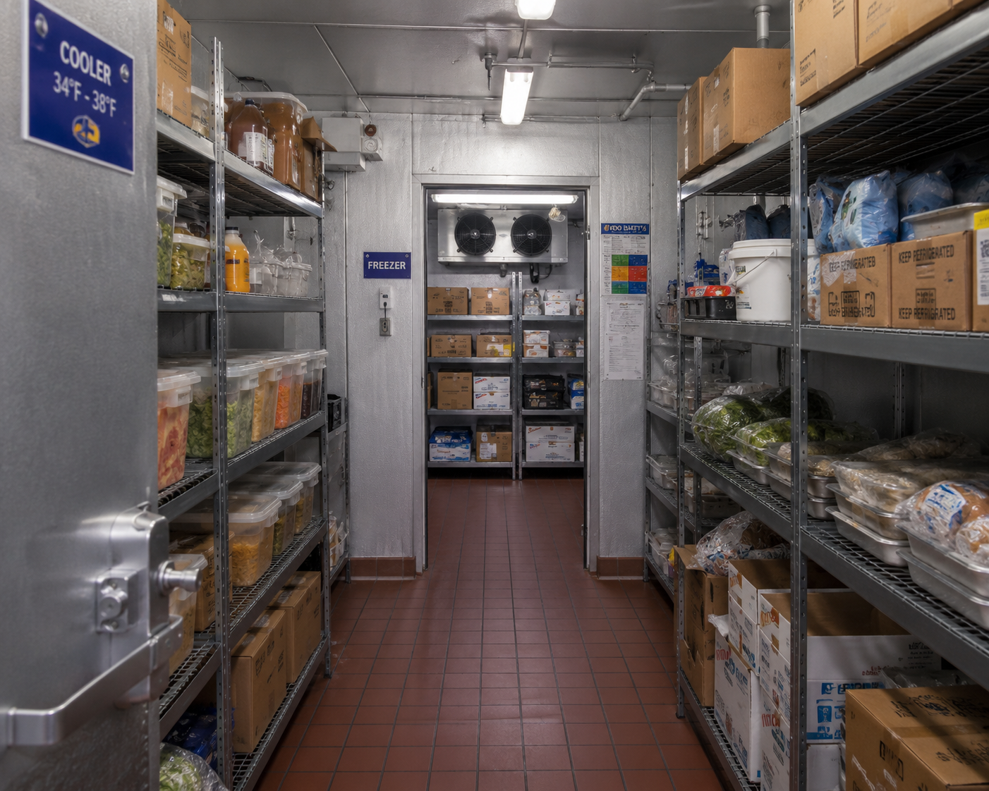 Inside a commercial walk-in refrigerated storage room with metal shelving on both sides holding various food supplies such as produce, packaged items, and condiments. There are signs indicating the cooler and freezer sections, with the center door leading to further storage.