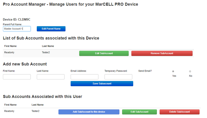 Screenshot of a web interface for managing user accounts on a MarCELL PRO device, showing device ID, parent account name, list of sub-accounts with edit and remove options, form to add a new sub-account, and a section for associated sub-accounts with options to add, edit, or delete them.