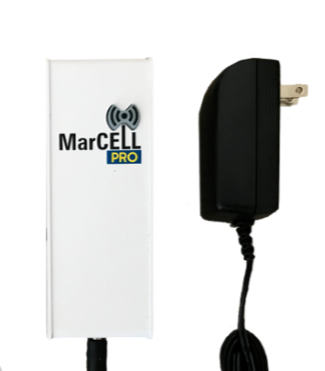 A white wireless internet antenna with MarCELL PRO branding next to a black power adapter with a cord.