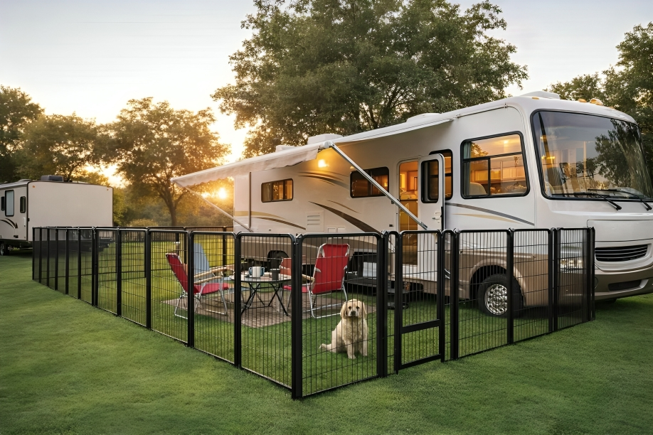 A large motorhome with a fenced outdoor patio area, including chairs, a table, and a dog sitting on the grass, during sunset with trees in the background.