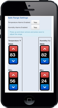 Smartphone screen displaying safe range settings for temperature and humidity with adjustable maximum and minimum values.
