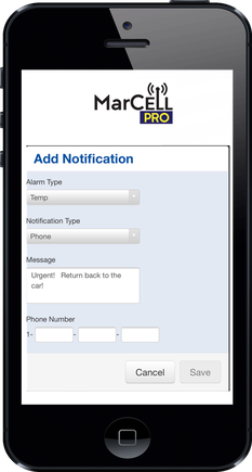 Mobile phone screen displaying an app called MarCell PRO for adding notifications, with fields for alarm type, notification type, message, and phone number.