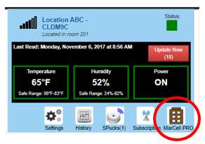 Monitoring dashboard showing location ABC, status online, last read date, temperature 65°F, humidity 52%, power on, and a MarCell PRO icon circled in red.
