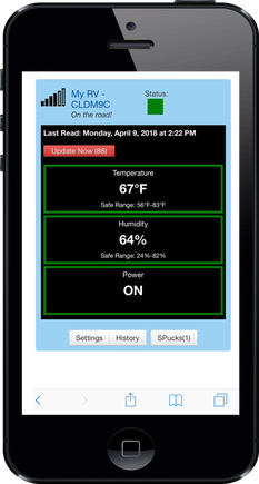 Smartphone screen displaying RV monitoring app with temperature 67°F, humidity 64%, power ON, and last read date and time.