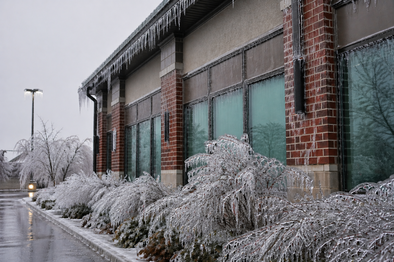 Ice-covered bushes in front of a brick building with large windows and icicles hanging from the roof on a cold winter day.