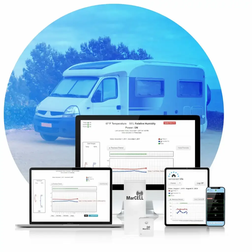 An RV positioned outdoors with multiple electronic monitoring devices and screens displaying temperature, humidity, and other environmental data.