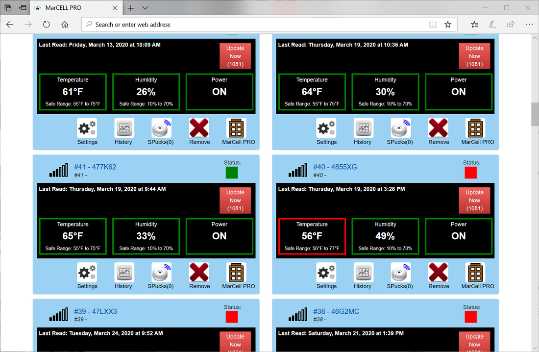 Screenshot of a display with multiple sensors showing temperature, humidity, and power status. Top sensors display real-time temperature (61°F, 64°F, 65°F, 56°F), humidity levels, and power status with green and red indicators. Below each, there are icons for settings, history, and removal. Each sensor has a last read timestamp and update button.