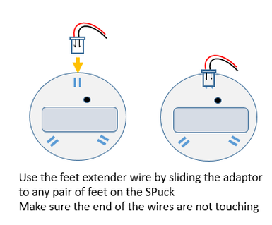 Diagram showing how to use a foot extender wire by sliding the adaptor onto any pair of feet on the SPuck device, ensuring the wires do not touch.