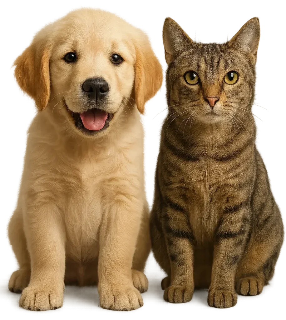 A yellow Labrador puppy and a tabby cat sitting side by side, facing forward.
