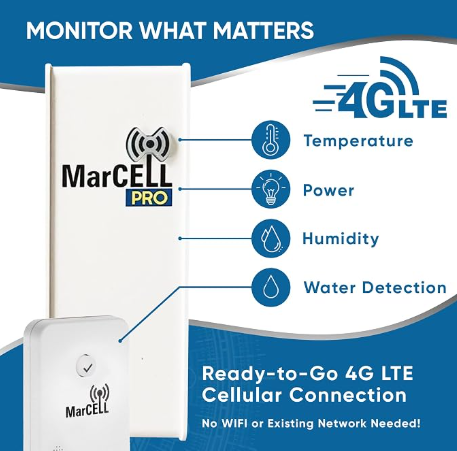 Infographic showing a MarCELL PRO device for monitoring temperature, power, humidity, and water detection via 4G LTE cellular connection, no WiFi or network needed.