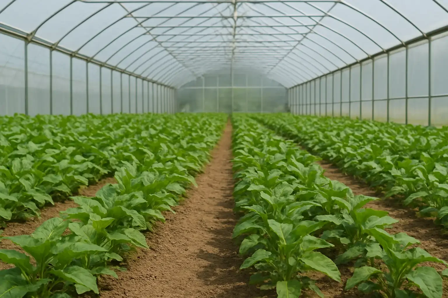 Inside a greenhouse with rows of green leafy plants growing in soil beds.  MarCELL PRO is great at monitoring greenhouses for temperature, humidity or power without WIFI