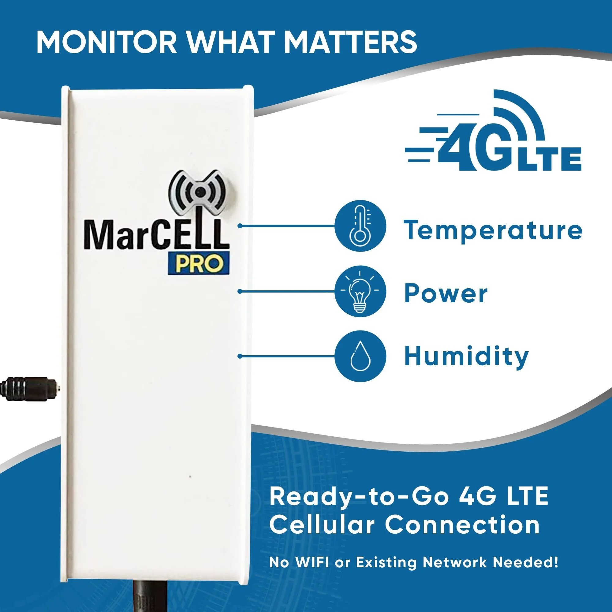 Sign promoting cellular connectivity with statements "Monitor what matters" and "Ready-to-Go 4G LTE Celluar Connection" indicating no WiFi or existing network needed.