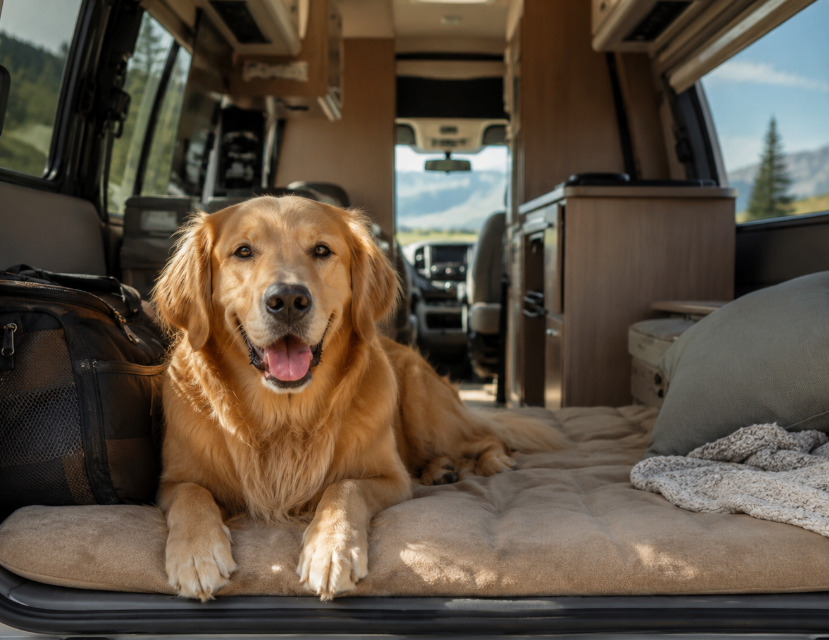 Golden retriever lying on a bed inside a camper van, with outdoor scenery visible through the windows.