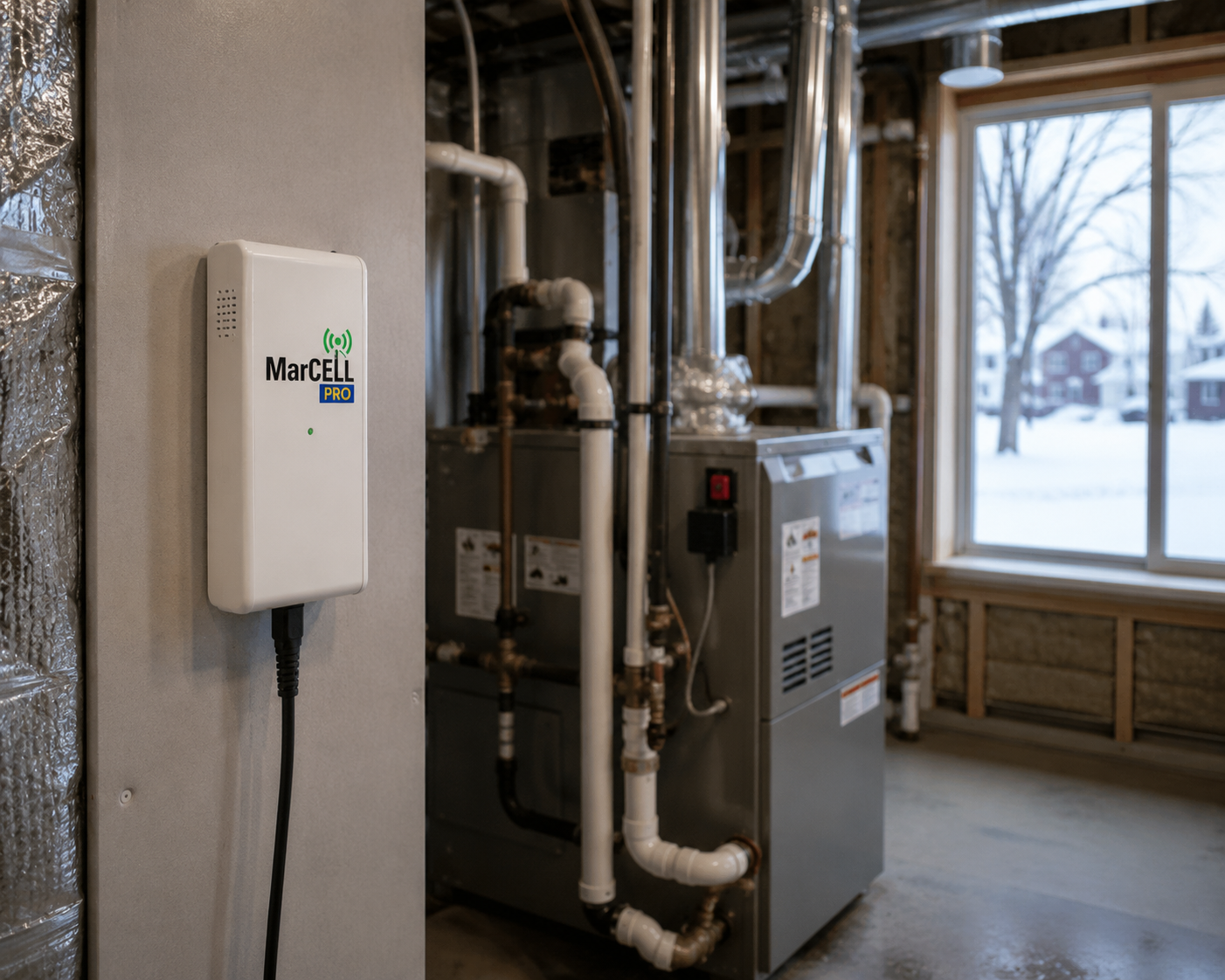 A MarCELL PRO device attached to a wall, with a power cord hanging down, in a utility room with exposed pipes, a furnace, and a window showing a snowy outdoor scene.