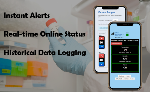 Image of laboratory setting with test tubes on shelves and a gloved hand holding a smartphone displaying a device monitoring app with temperature and humidity readings, overlaid with text highlighting features like instant alerts, real-time status, and historical data logging.