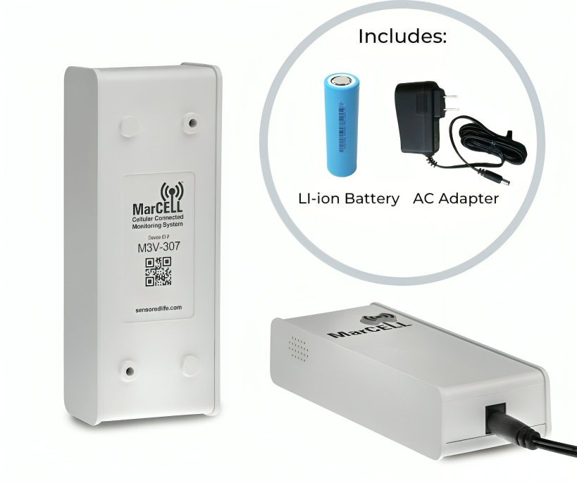 A cellular monitoring device with a separate battery, AC adapter, and a white rectangular sensor module.