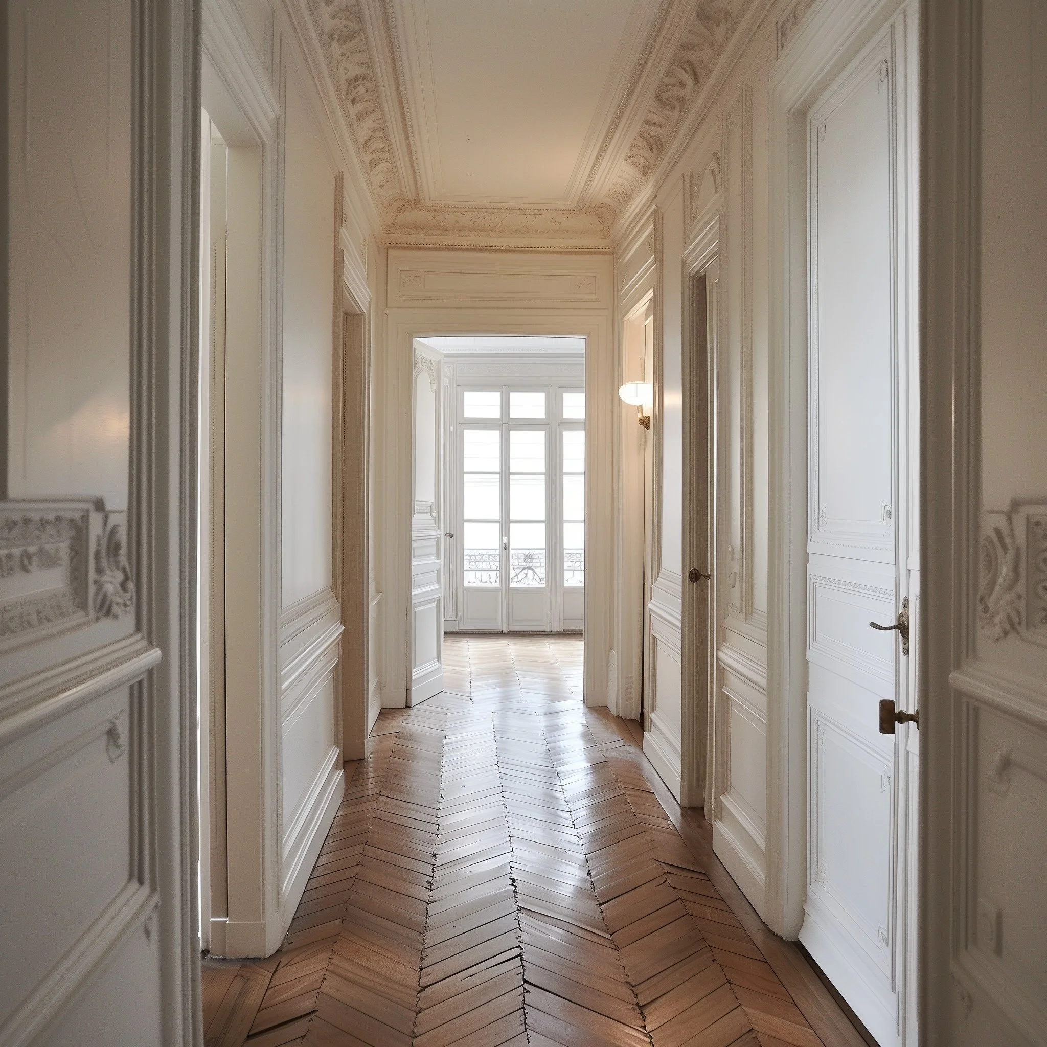 Elegant hallway with ornate crown molding, high ceilings, large window at the end, and herringbone-patterned hardwood floor.