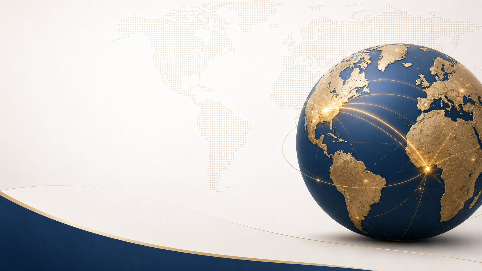 A digital globe showing Africa, Europe, and the Middle East with connecting lines and bright spots indicating global connections, set against a world map background with a white and blue color scheme.