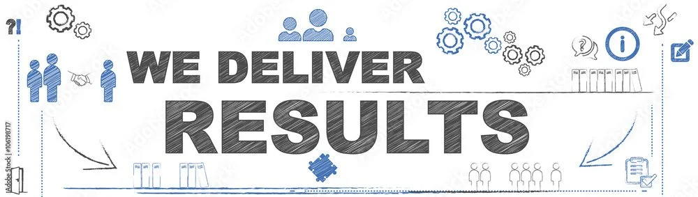 Banner with text 'We deliver results' and various illustrations of gears, people, a handshake, and icons related to ideas, information, and progress.